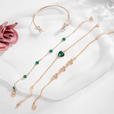 4 pcs Green Zircon Crystal Heart Flower Bracelet Set